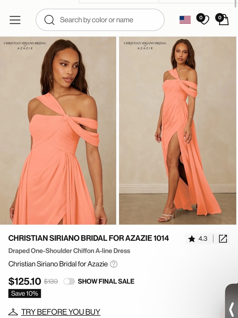 Azazie Coral One-Shoulder Draped Chiffon Gown